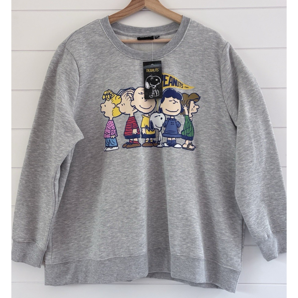 NWT Peanuts Charlie Brown Snoopy Gray Graphic Crewneck Sweatshirt Plus Size 2X
